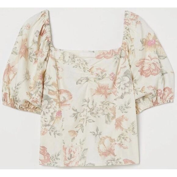 Linen square neck puff sleeve cropped blouse floral size M - Picture 9 of 14